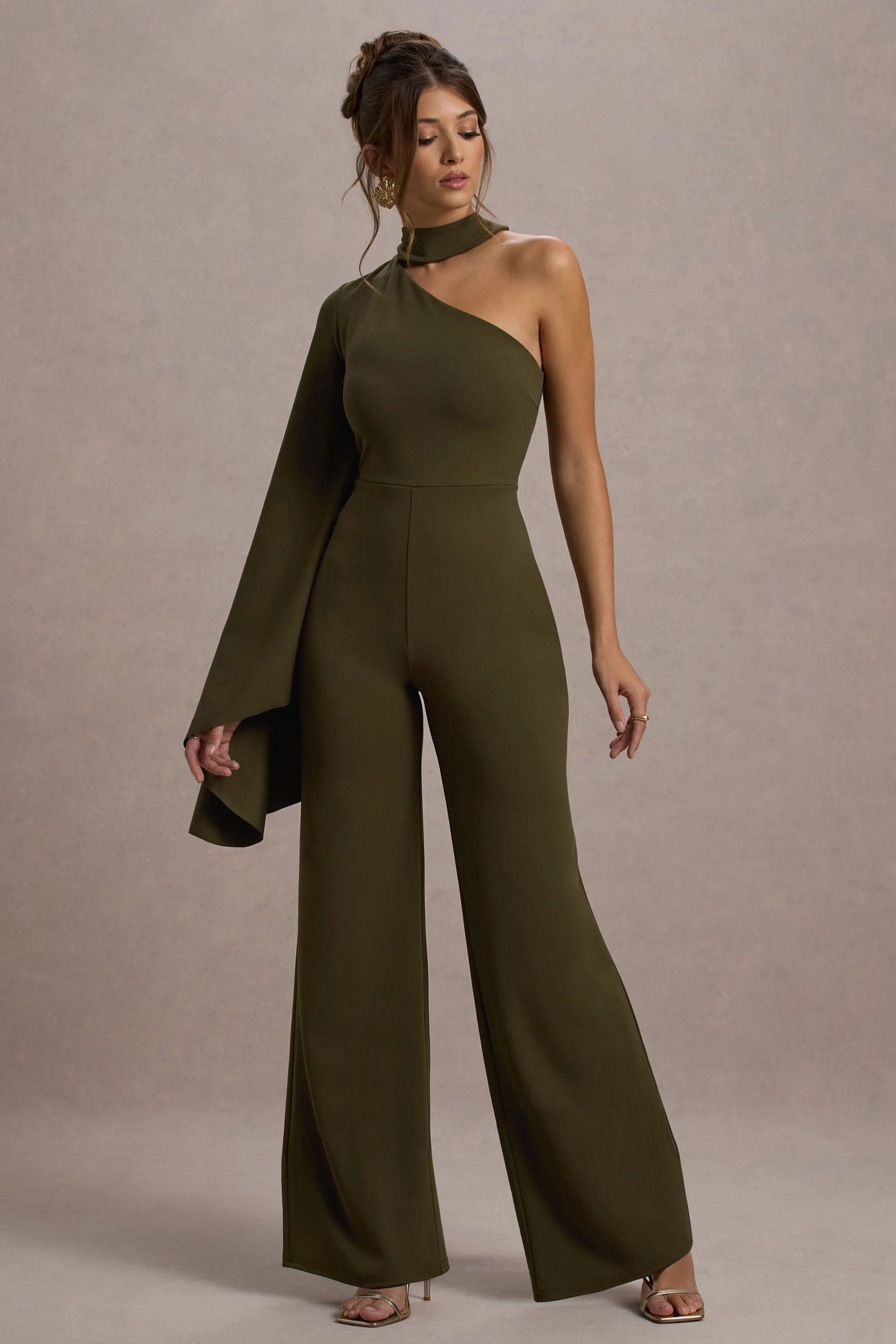 Fenix | Khaki Asymmetric Cape-Sleeve Straight-Leg Jumpsuit