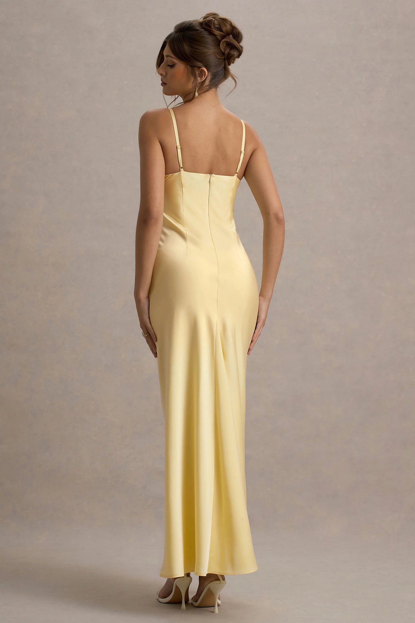 Eimear | Lemon Satin Draped Sweetheart Maxi Dress