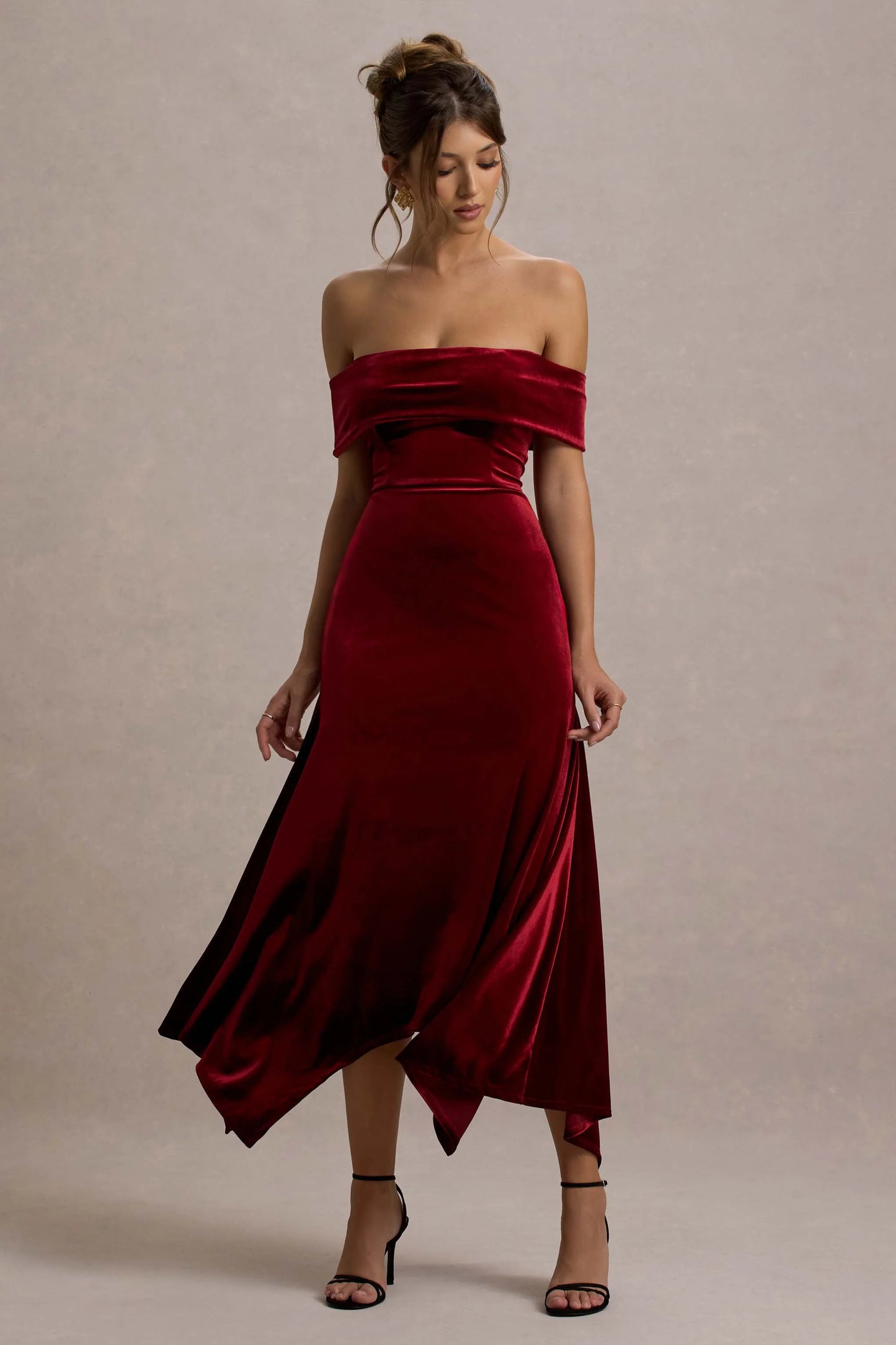 Halia | Berry Velvet Bardot Midi Dress