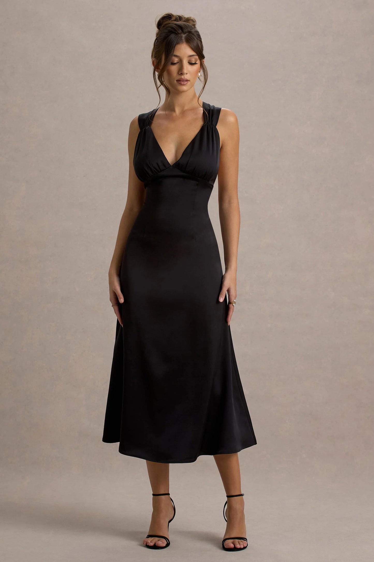 Beck | Black Satin Plunge-Neck Cross-Back Midi Dress