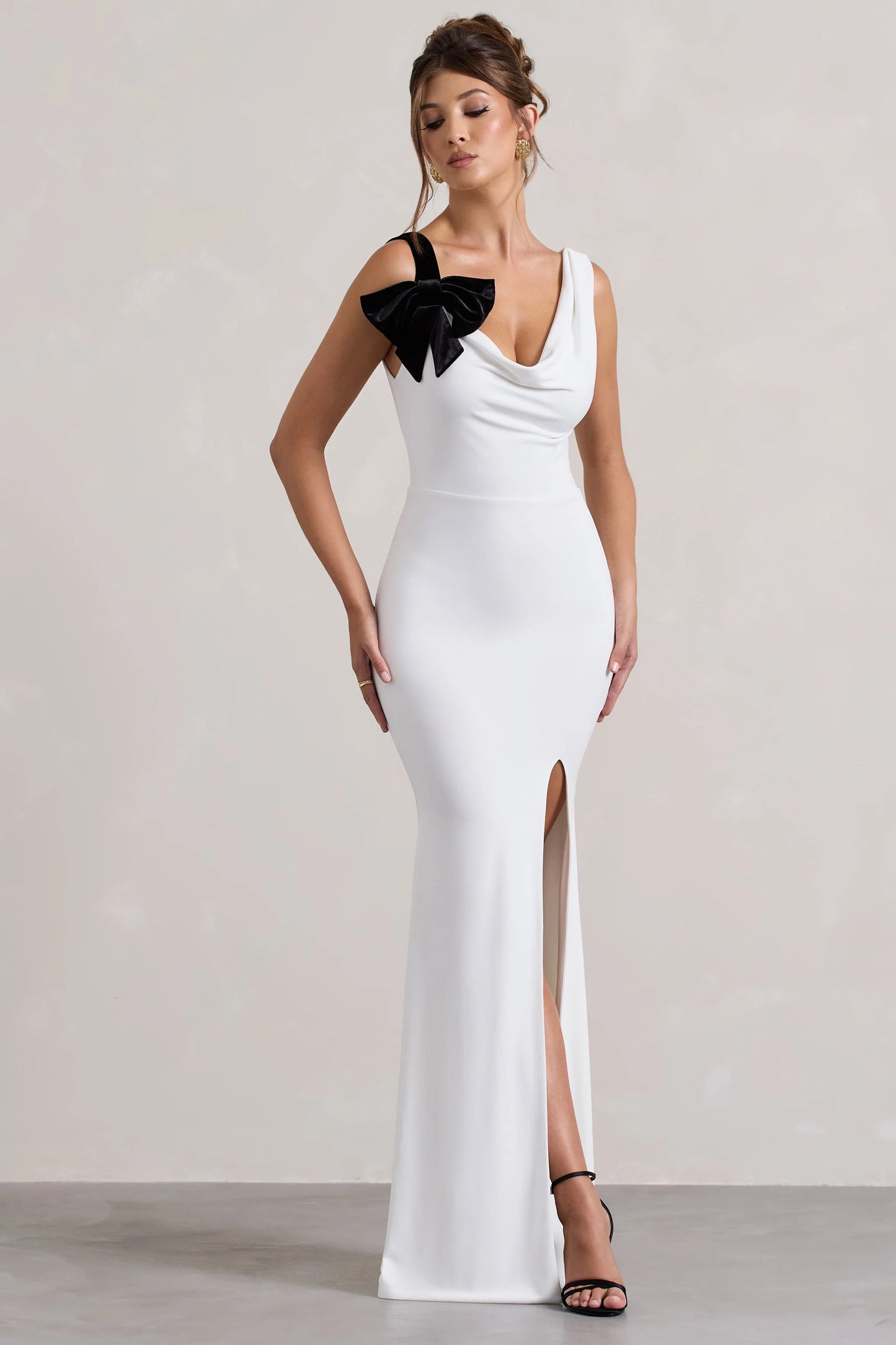 A Catch | White Cowl-Neck  Split Maxi Dress With Bow