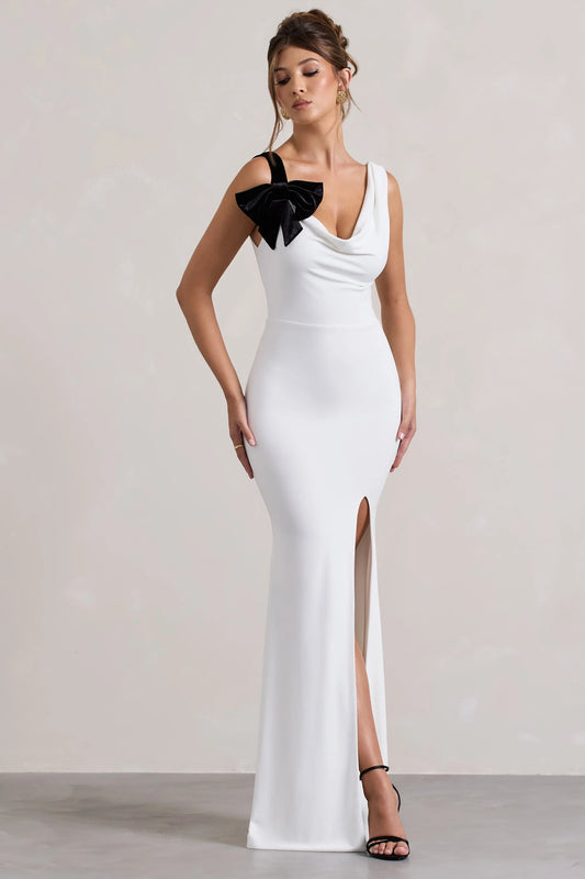 A Catch | White Cowl-Neck  Split Maxi Dress With Bow