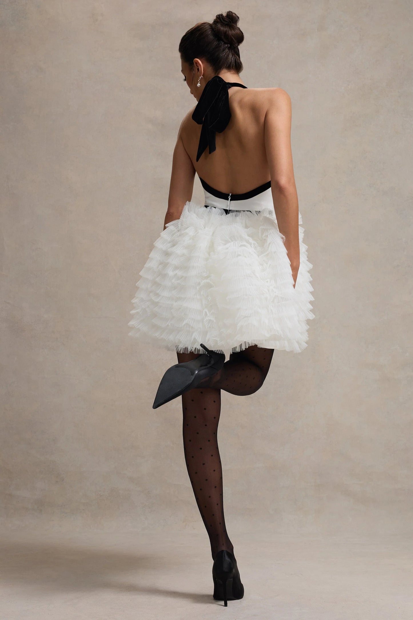 Eclair | Black & White Plunge-Neck Mini Dress With Tulle Skirt