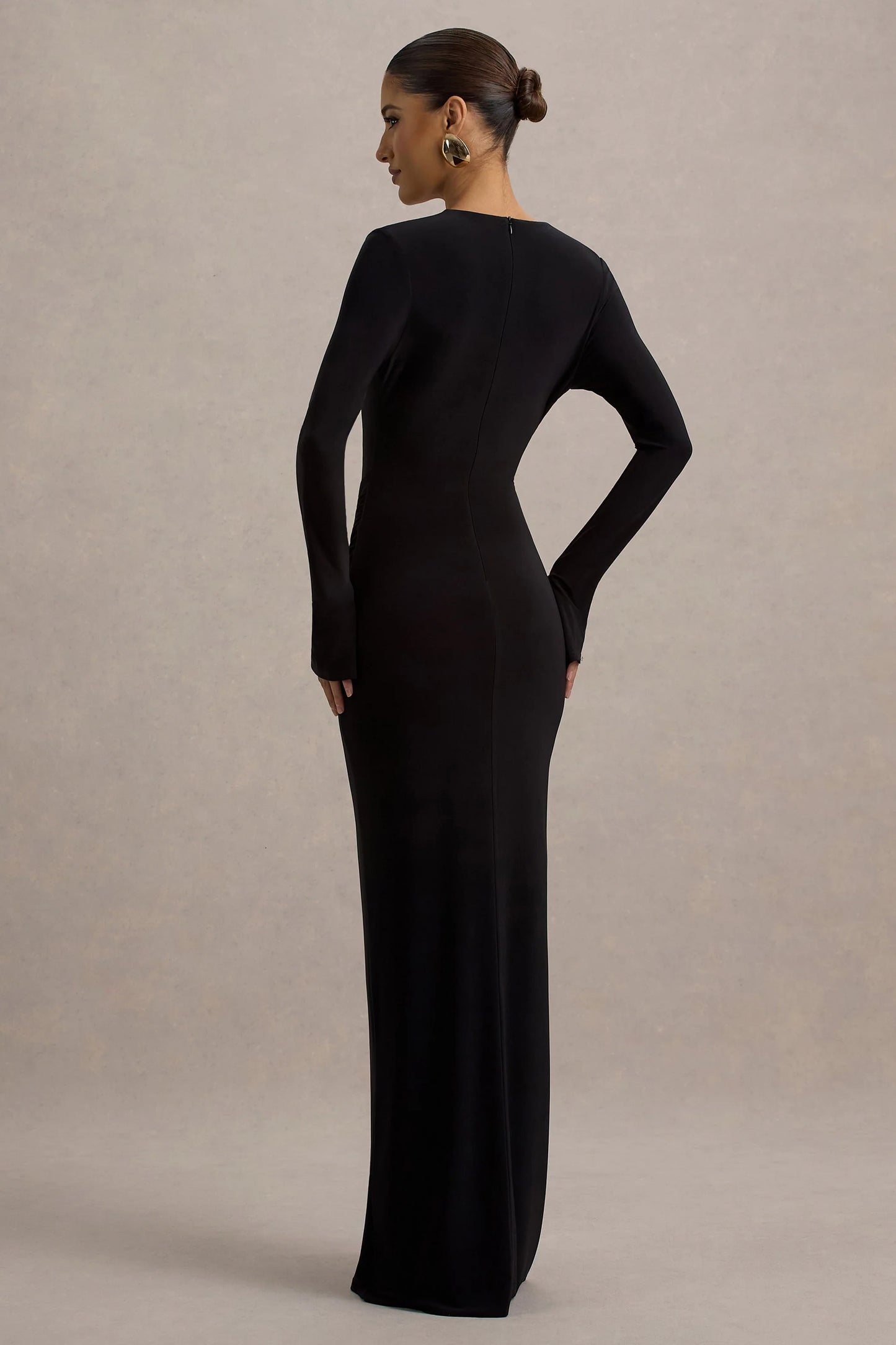 Idony | Black Plunge-Neck Gathered Split Maxi Dress With Ring Detail