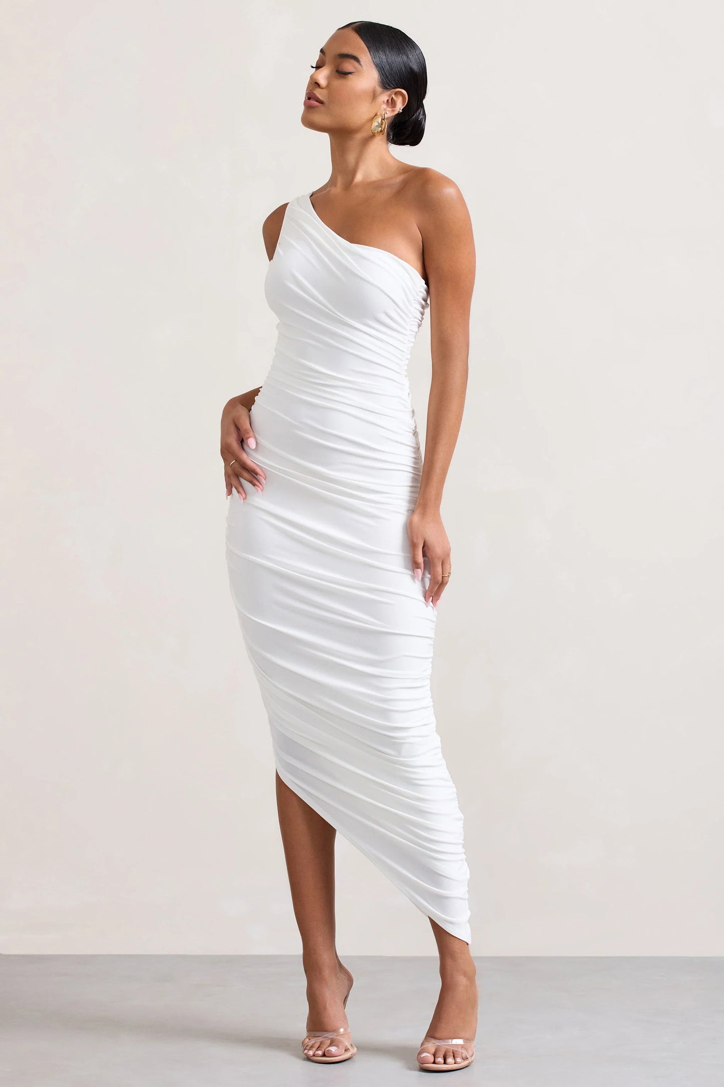 Dorit | White One Shoulder Asymmetric Ruched Midi Dress