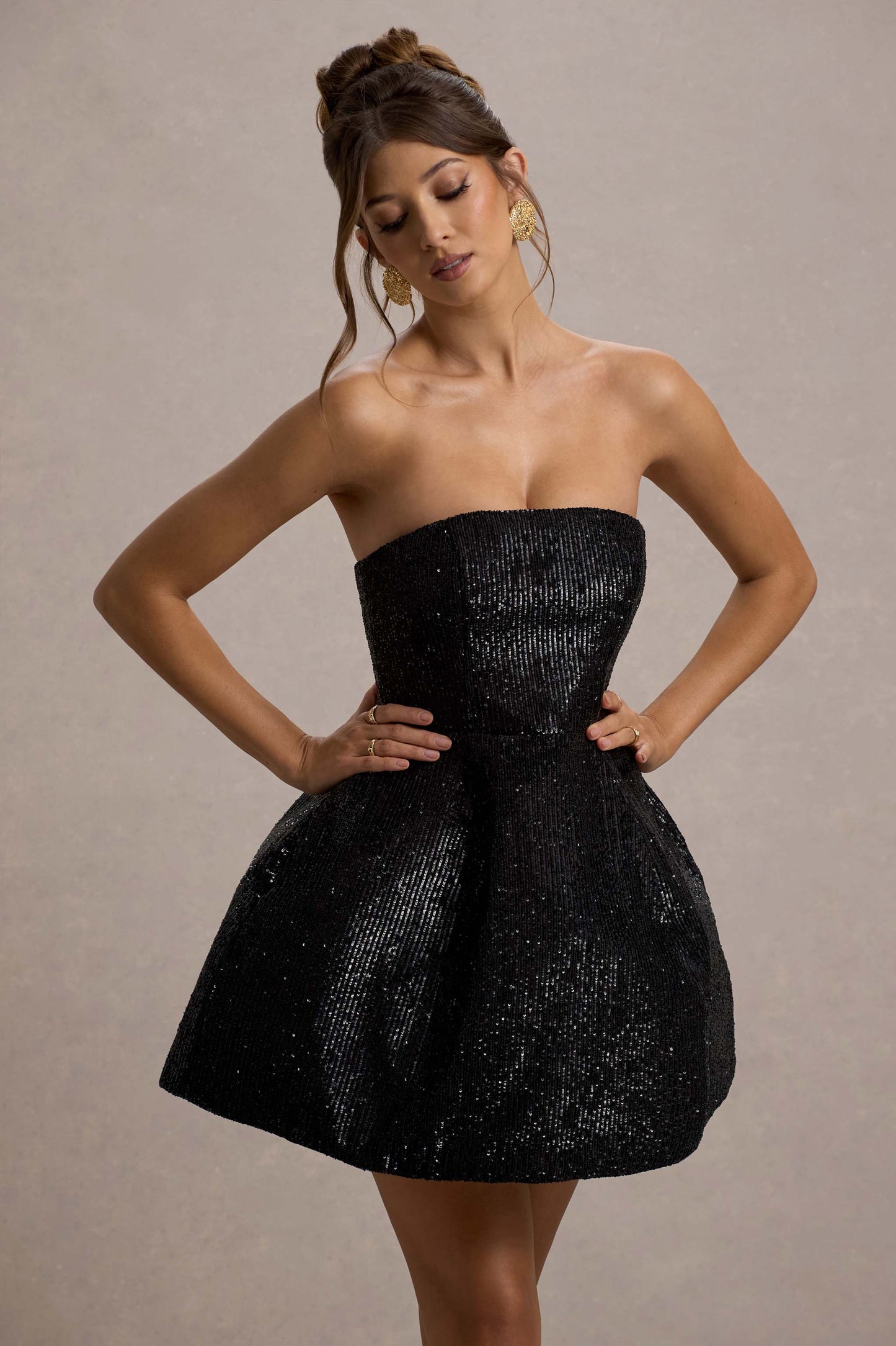 Clarabell | Black Sequin Bandeau Structured Mini Dress