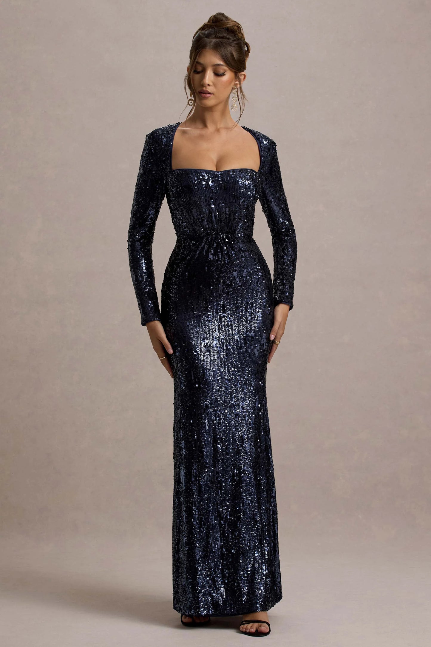 Ensley | Navy Sequin Sweetheart Long-Sleeve Maxi Dress