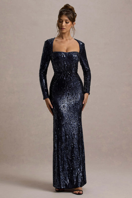 Ensley | Navy Sequin Sweetheart Long-Sleeve Maxi Dress