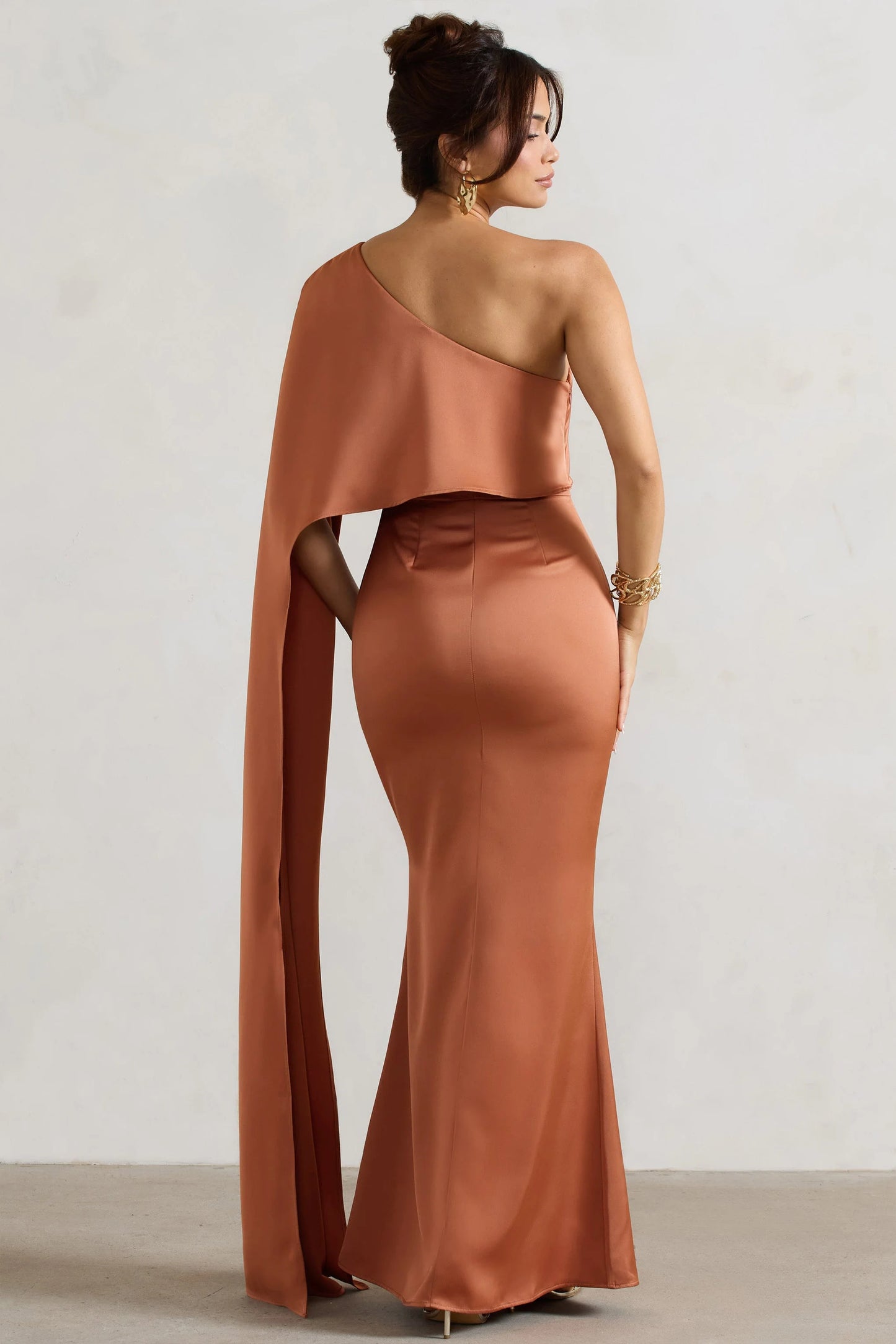 Amora | Rust Satin Asymmetric Cape-Sleeve Split Maxi Dress