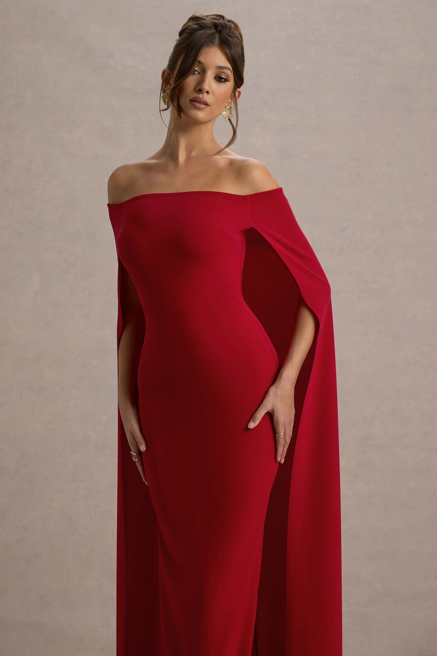 Genovia | Red Bardot Cape Maxi Dress