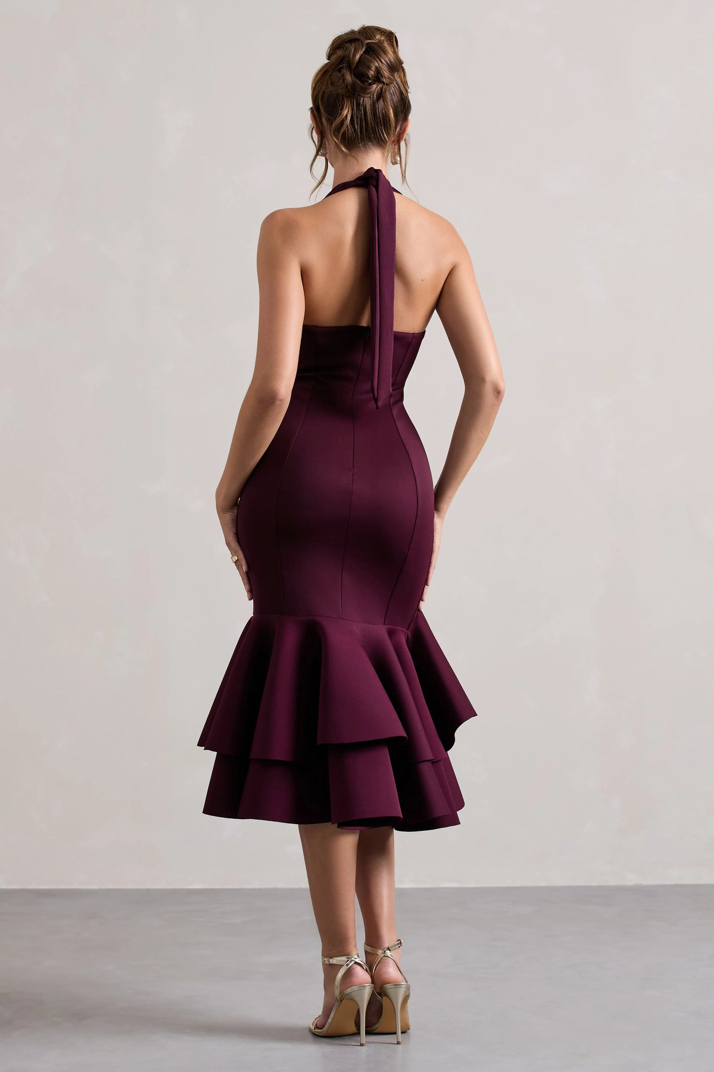 Arla | Plum Halter-Neck Ruffle Trim Midi Dress