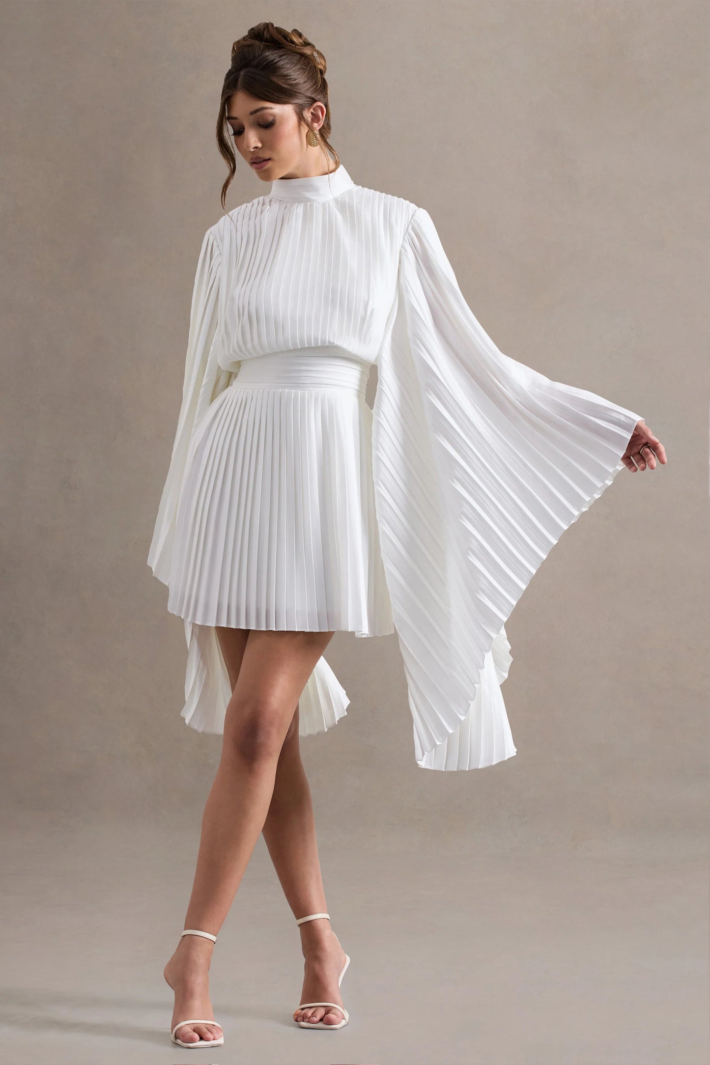 Charity | White Pleated High-Neck Mini Dress With Cape Sleeves