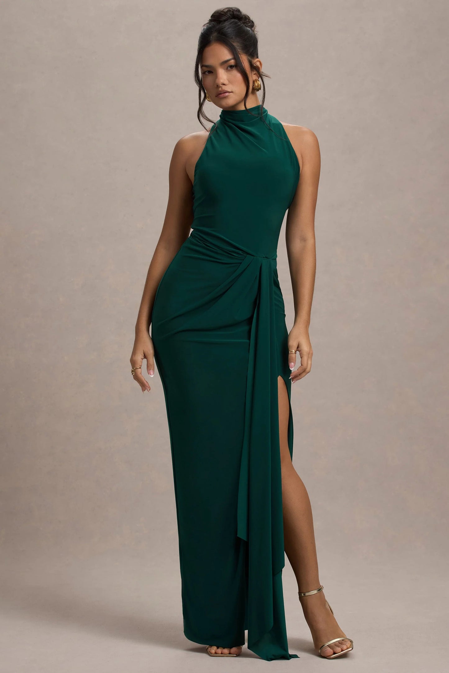 Khari | Bottle Green High-Neck Twisted Maxi Dress With Drape