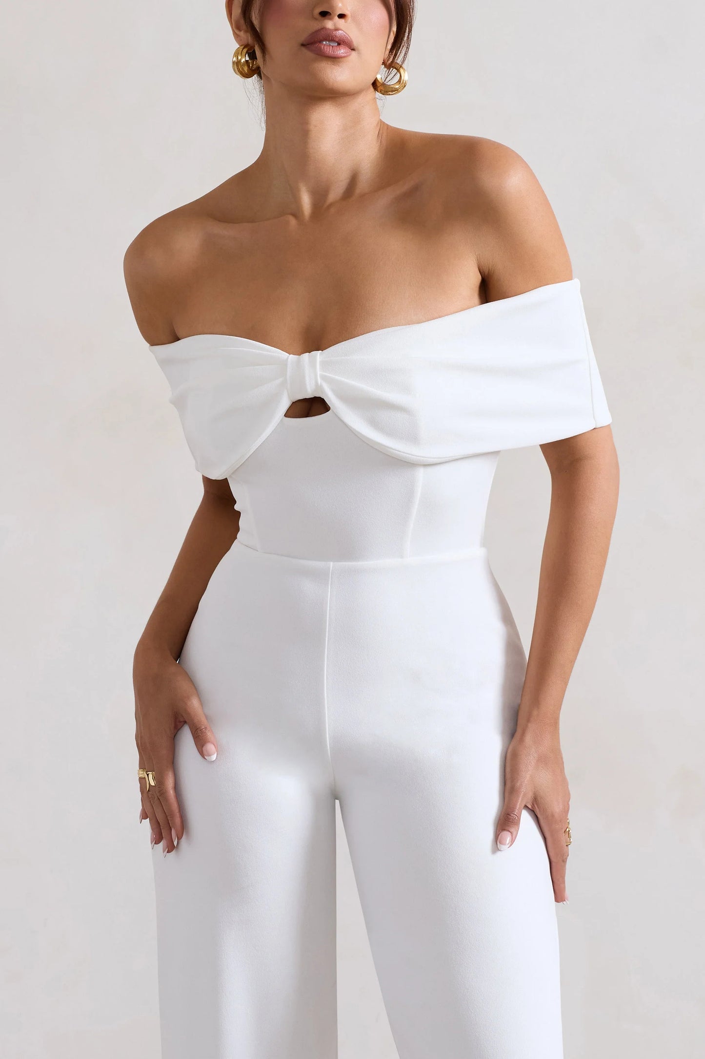 Harleen | White Bow Bardot Wide-Leg Jumpsuit