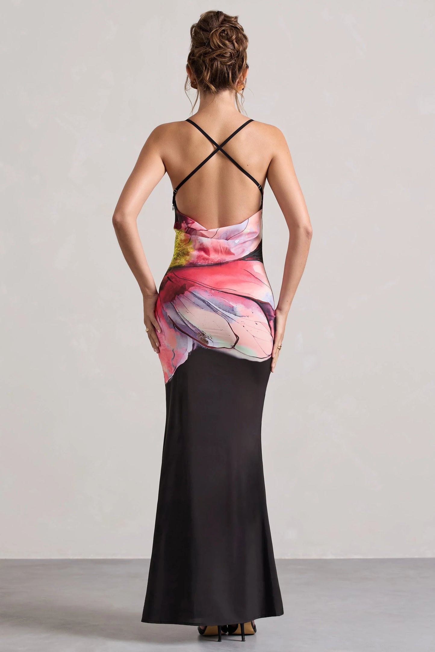 Kali | Black Floral Print Cowl-Neck Open-Back Split Maxi Dress