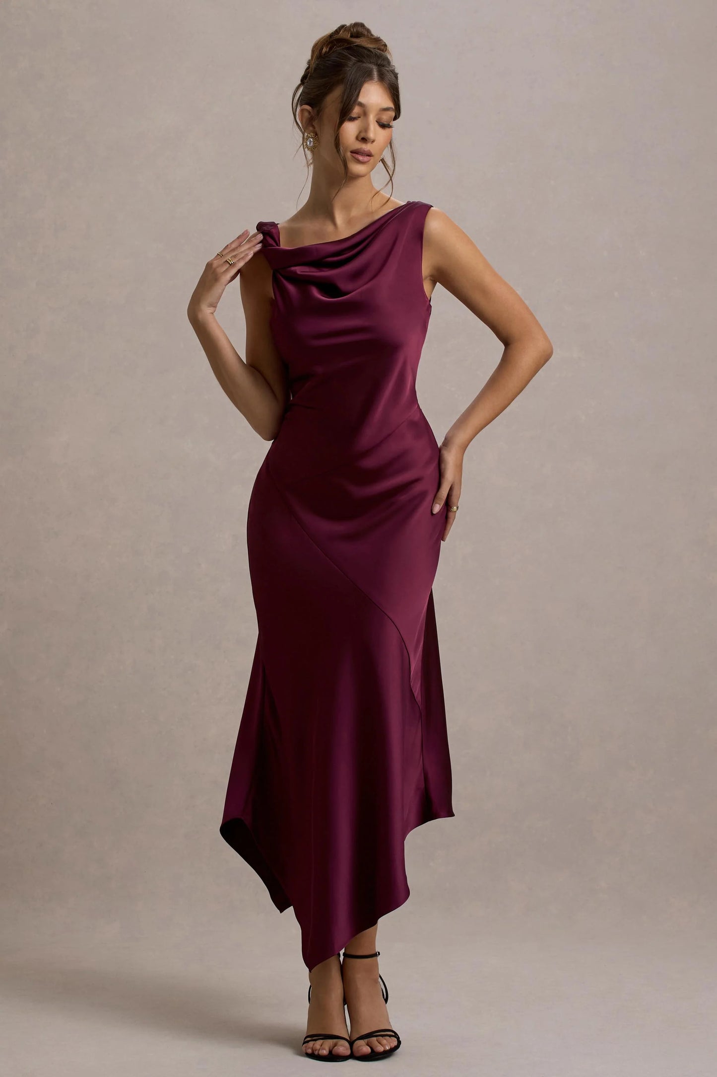 Donelli | Plum Satin Asymmetric Midi Dress