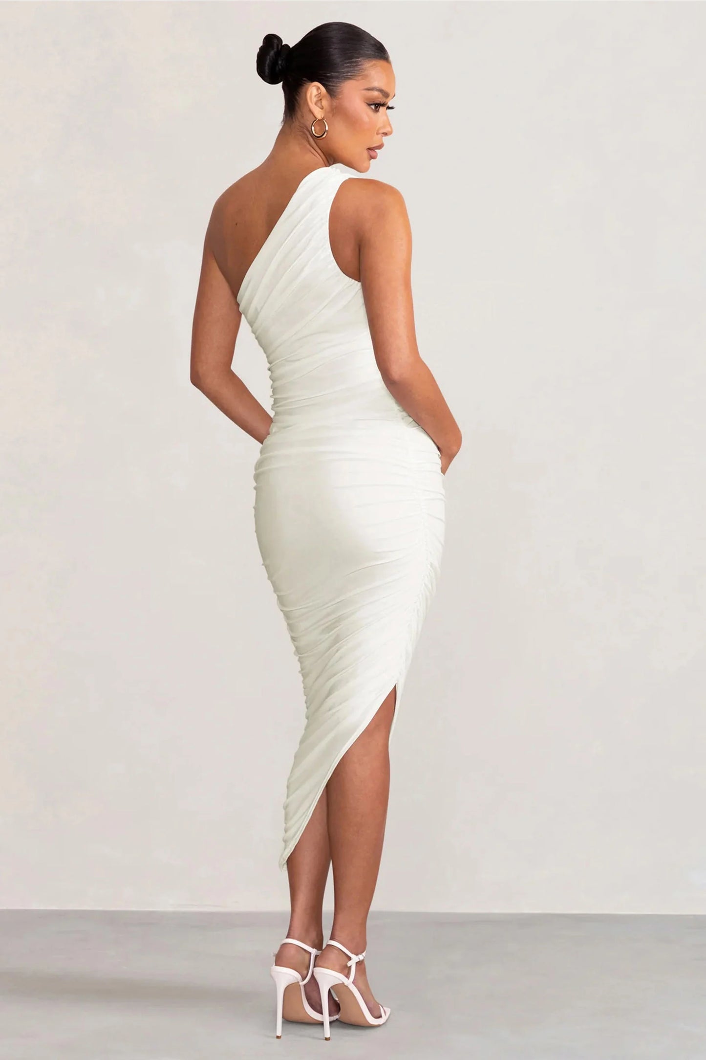 Late Night | White Maternity Ruched One Shoulder Midi Dress