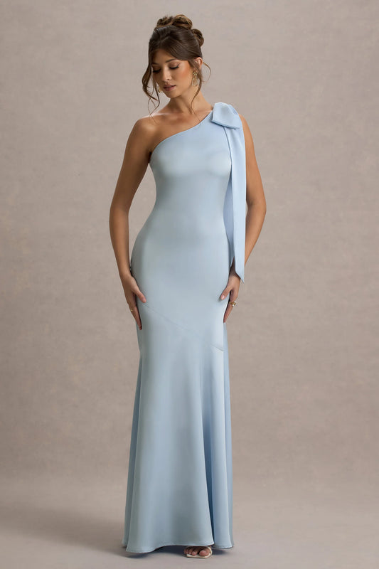 Here For Love | Powder Blue Satin Asymmetric Maxi Dress With Bow