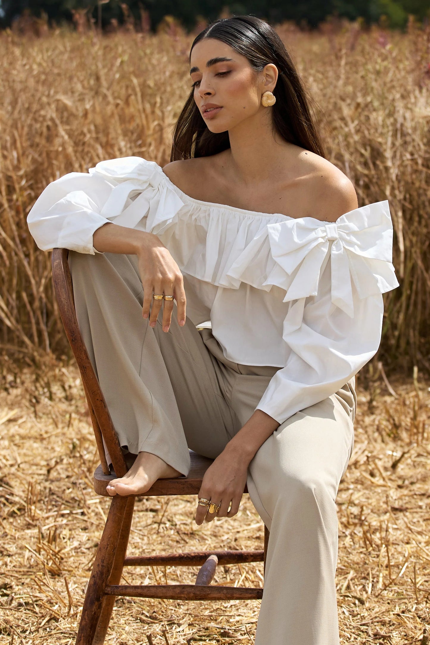 Cove | White Bardot Puff-Sleeve Ruffle Top With Bows