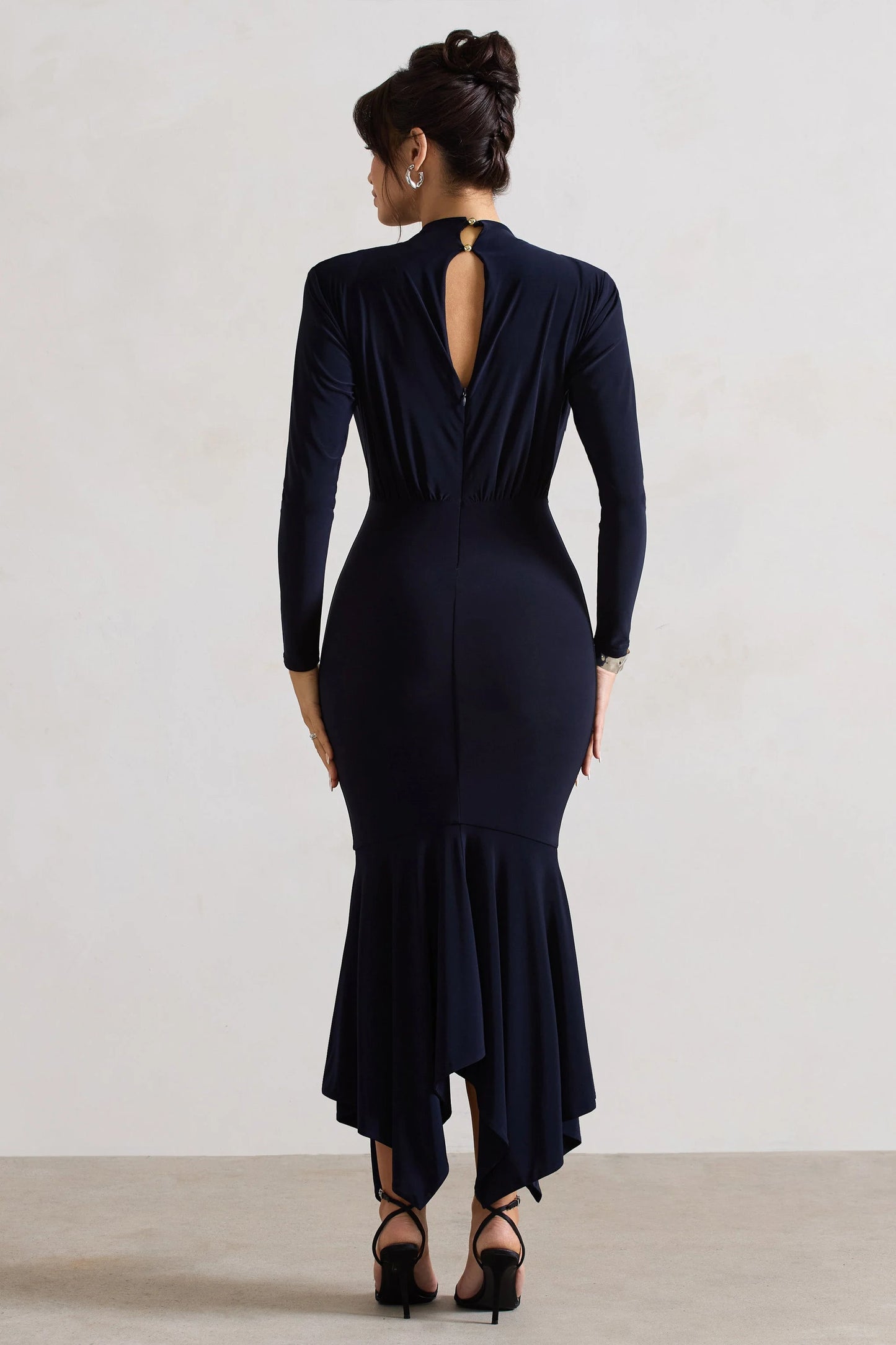 Carla | Navy High-Neck Midi Dress With Draped Hem