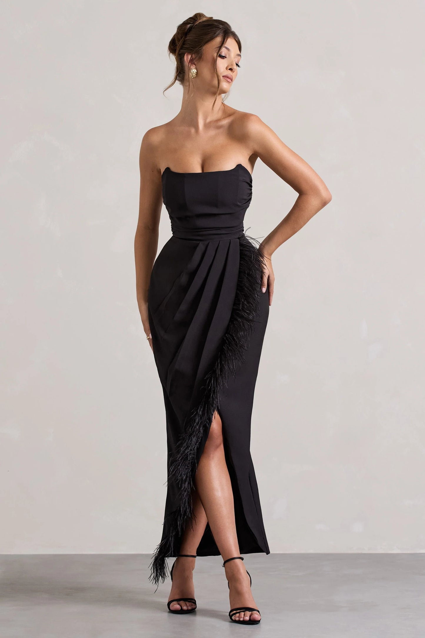 Chosen | Black Bandeau Wrap Maxi Dress With Feather Trim