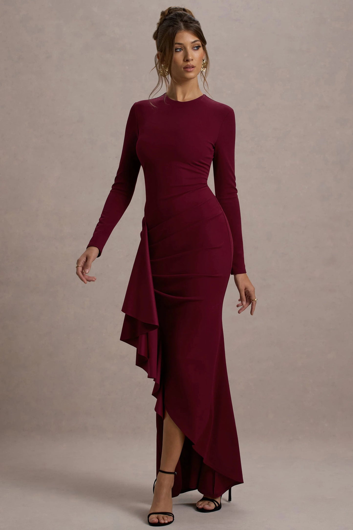 Alayna | Berry Long-Sleeve Maxi Dress With Ruffled Split