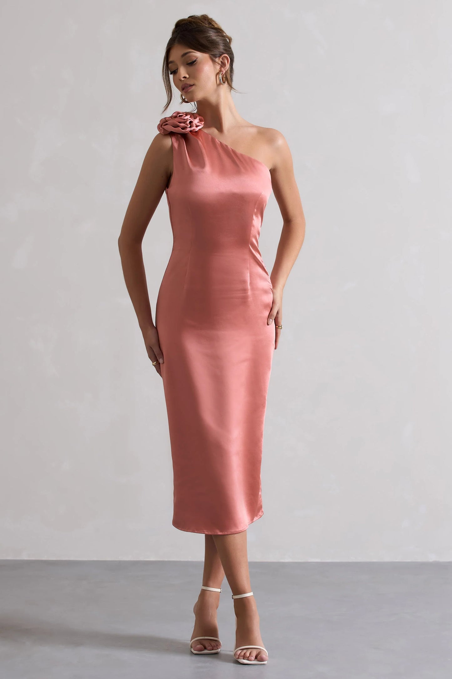 Ascot | Coral Satin One Shoulder Midi Dress With Corsage