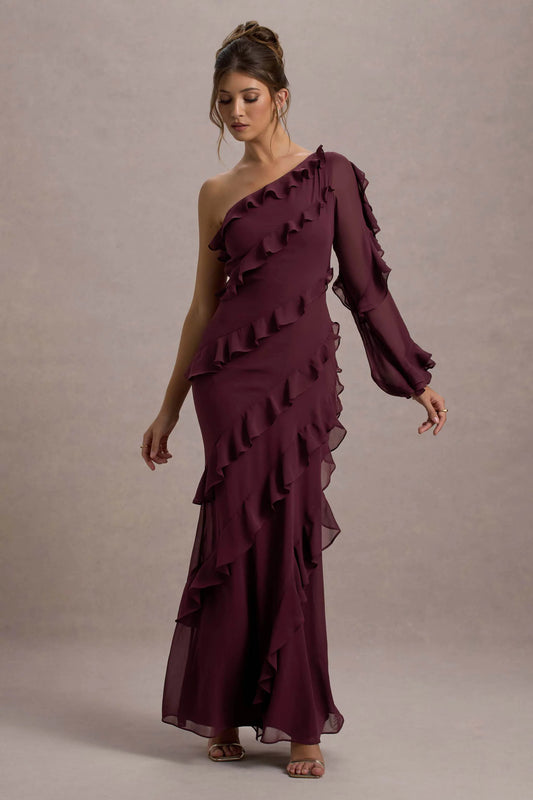 Lalika | Burgundy Asymmetric One-Sleeve Ruffle Maxi Dress