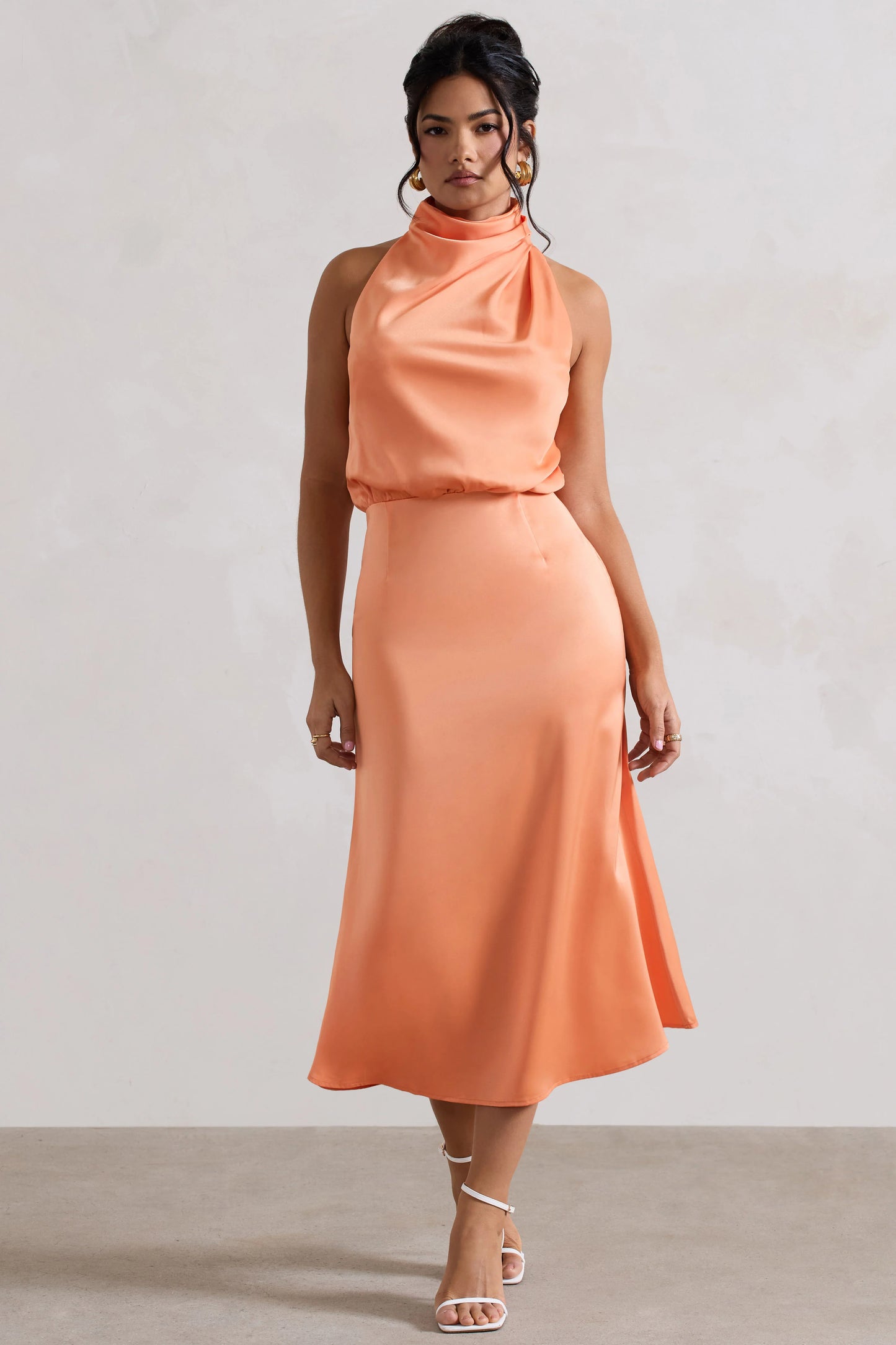 Geena | Peach Satin Twisted High-Neck Midi Dress