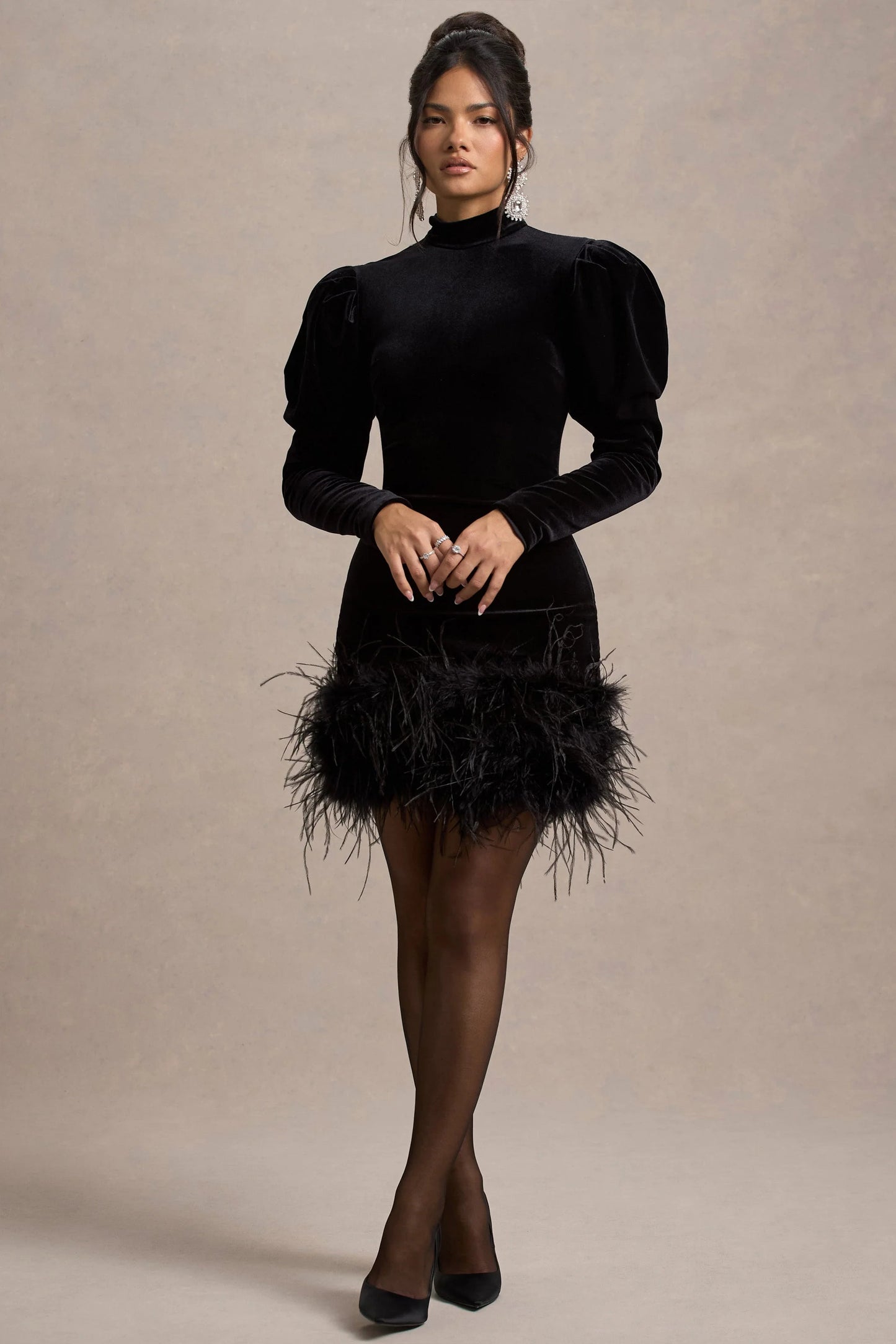 Issa | Black Velvet Long-Sleeve Mini Dress With Feather Trim