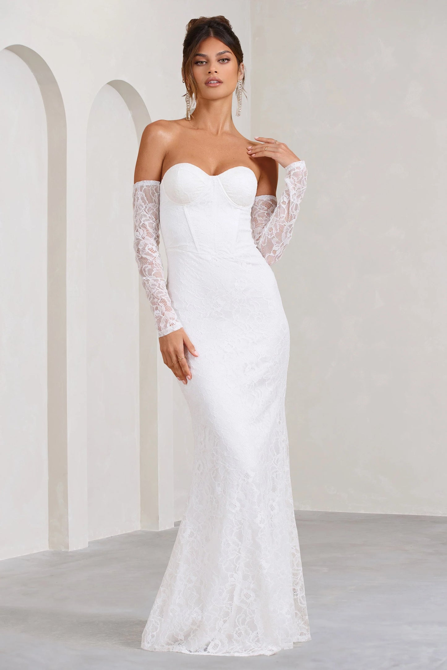 Aniyah | White Lace Bandeau Neckline Corset Fishtail Maxi Dress With Sheer Sleeves