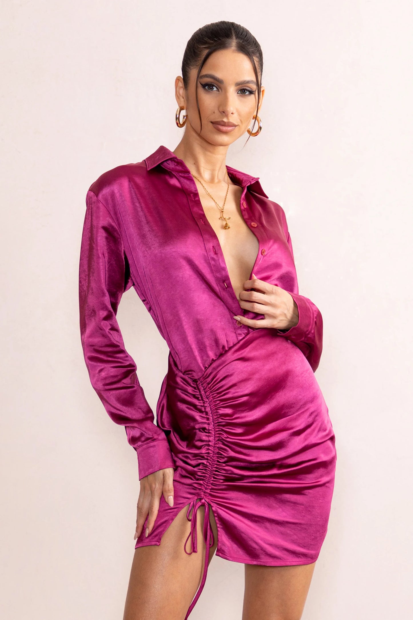 Francine | Orchid Satin Ruched Long Sleeve Shirt Mini Dress