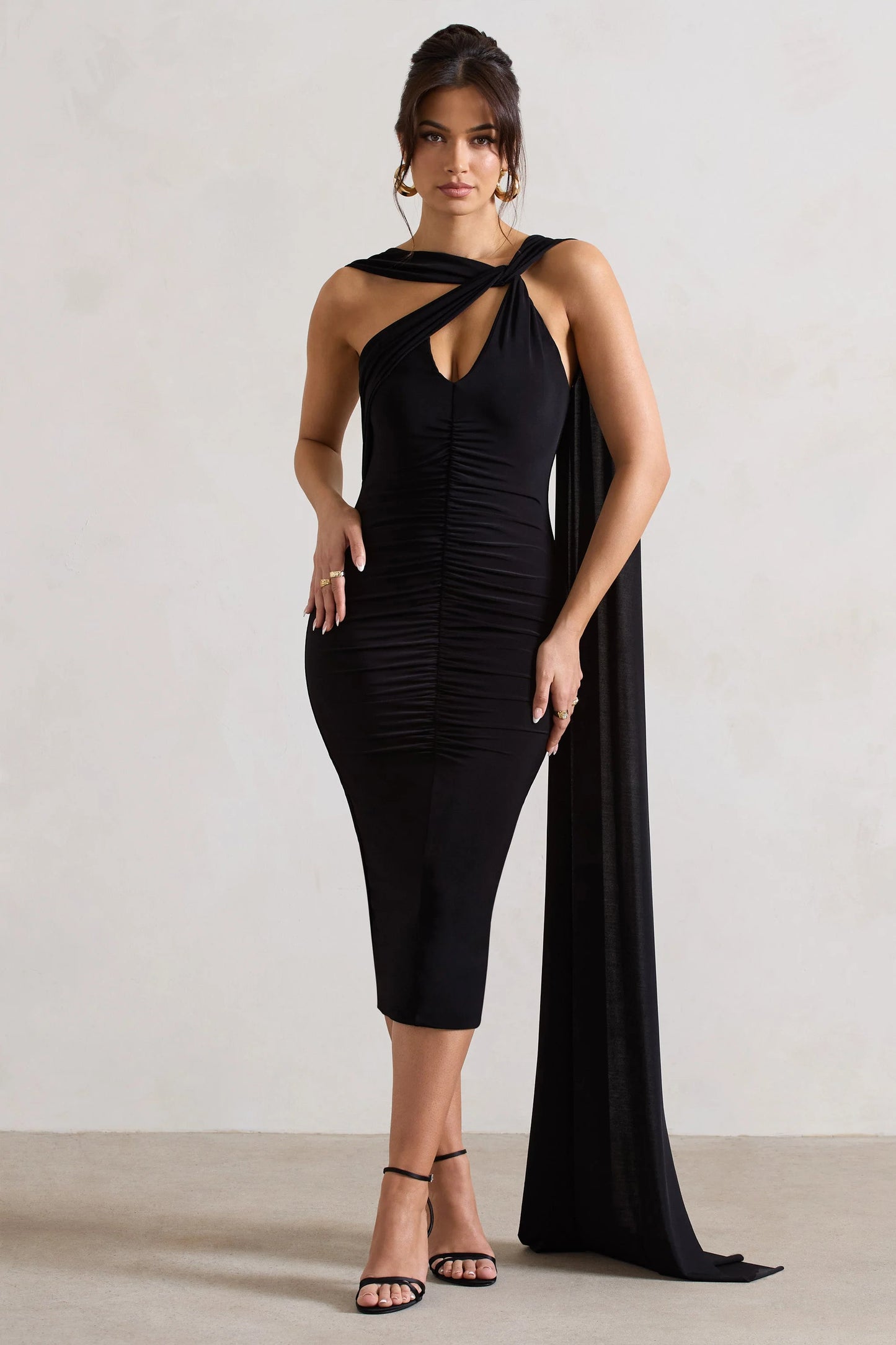 Freedom | Black Strappy Asymmetric Cut-Out Midi Dress With Cape