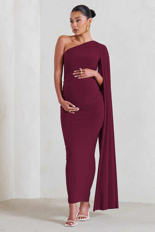 Amaryllis | Burgundy Maternity One Shoulder Maxi Dress with Cape Sleeve