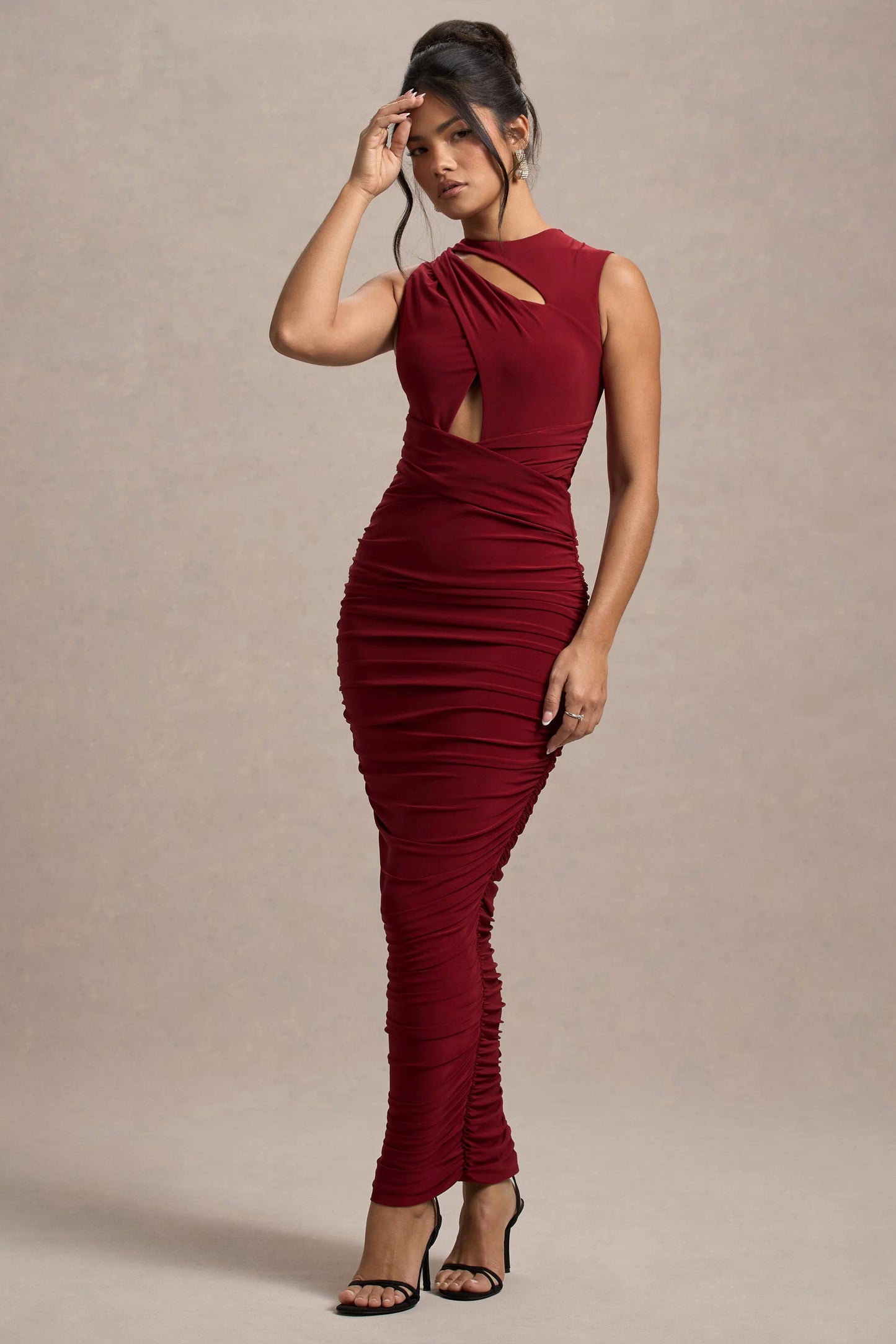 Aire | Wine Cut-Out Ruched Maxi Dress