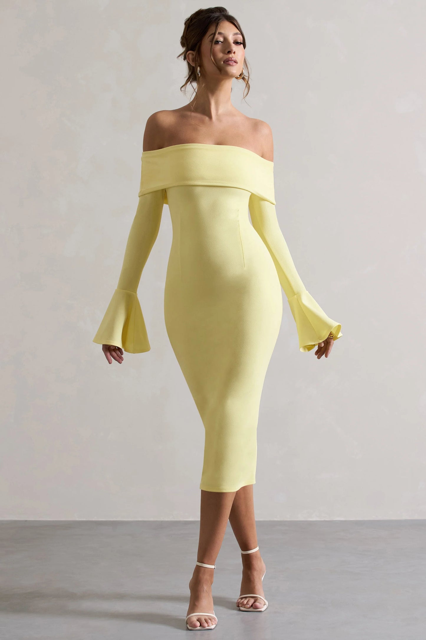 Emma | Lemon Bardot Flared-Sleeve Midi Dress