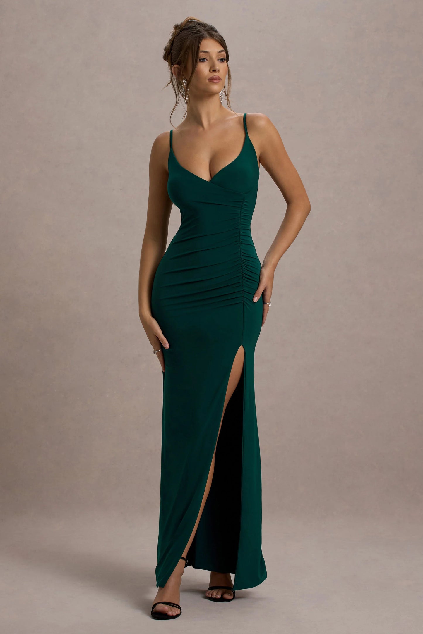 Jeanne | Bottle Green Plunge Ruched Cami Maxi Dress With Split