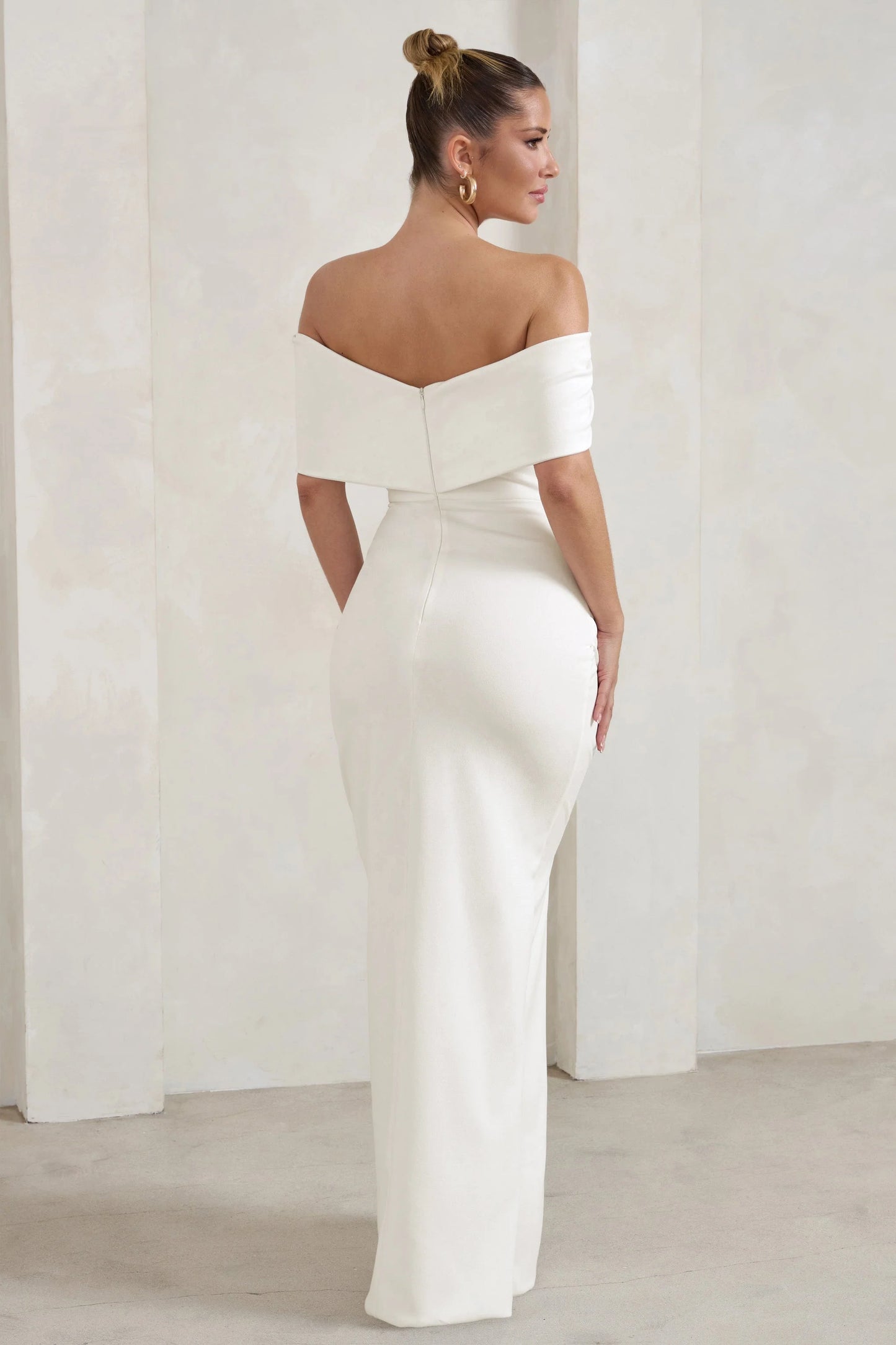 Eva | White Bardot Bow Detail Maxi Dress With Thigh Split