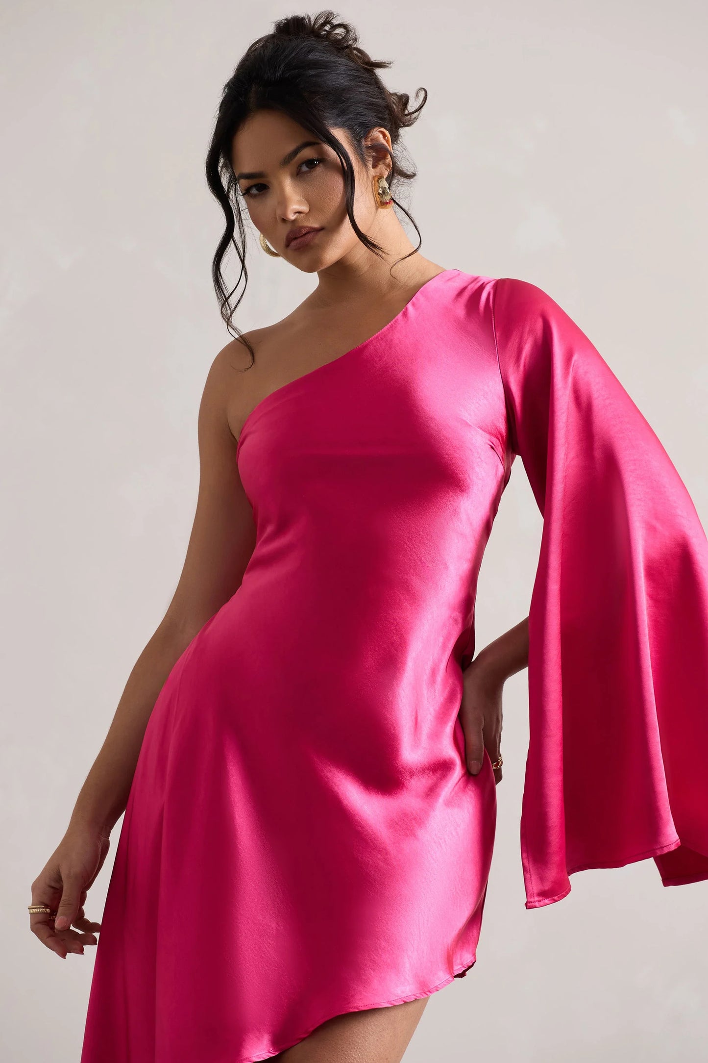 Hanna | Hot Pink One Shoulder Asymmetric Draped Satin Mini Dress