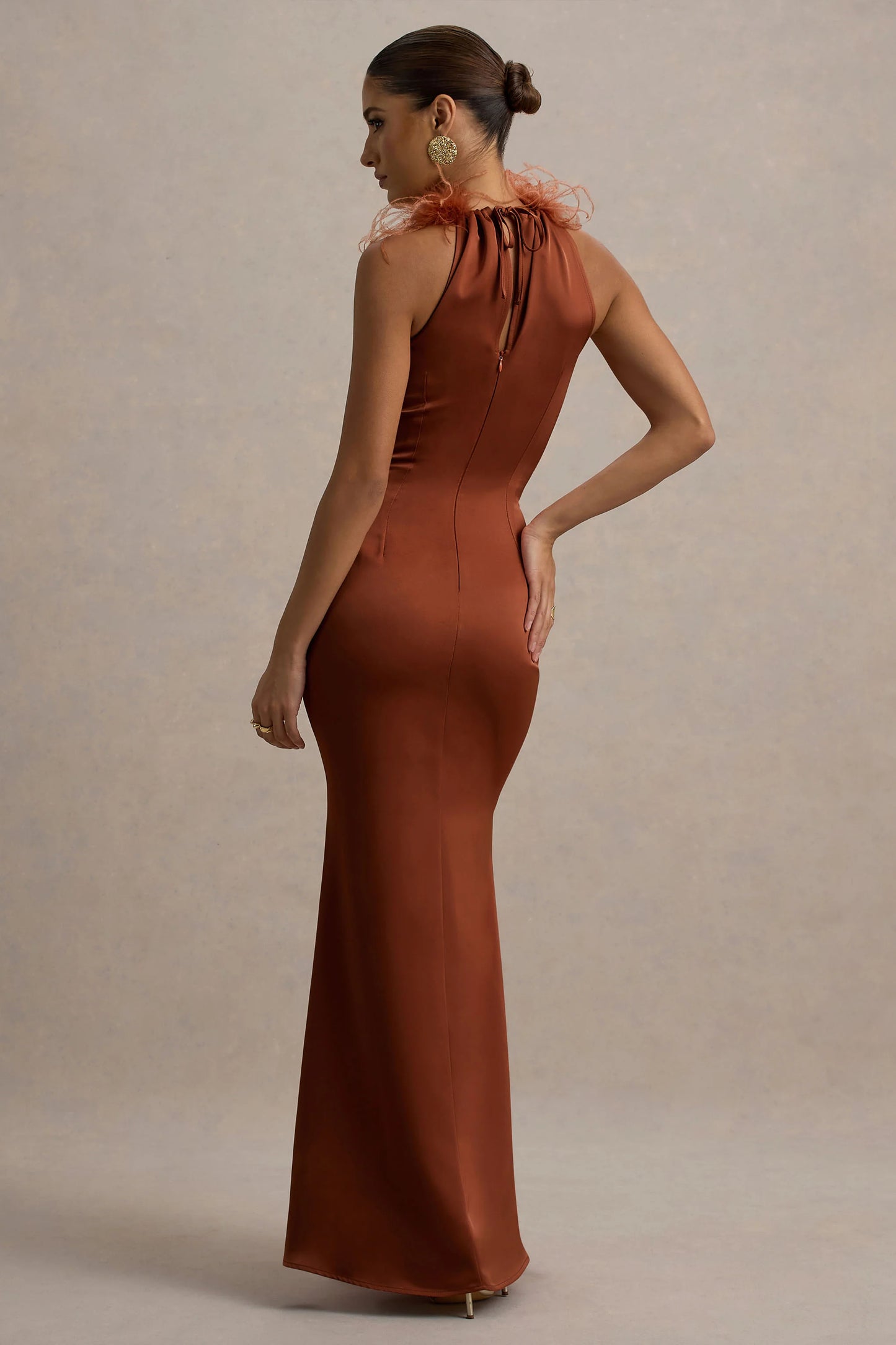 Bianca | Rust Satin Feather-Trim Maxi Dress