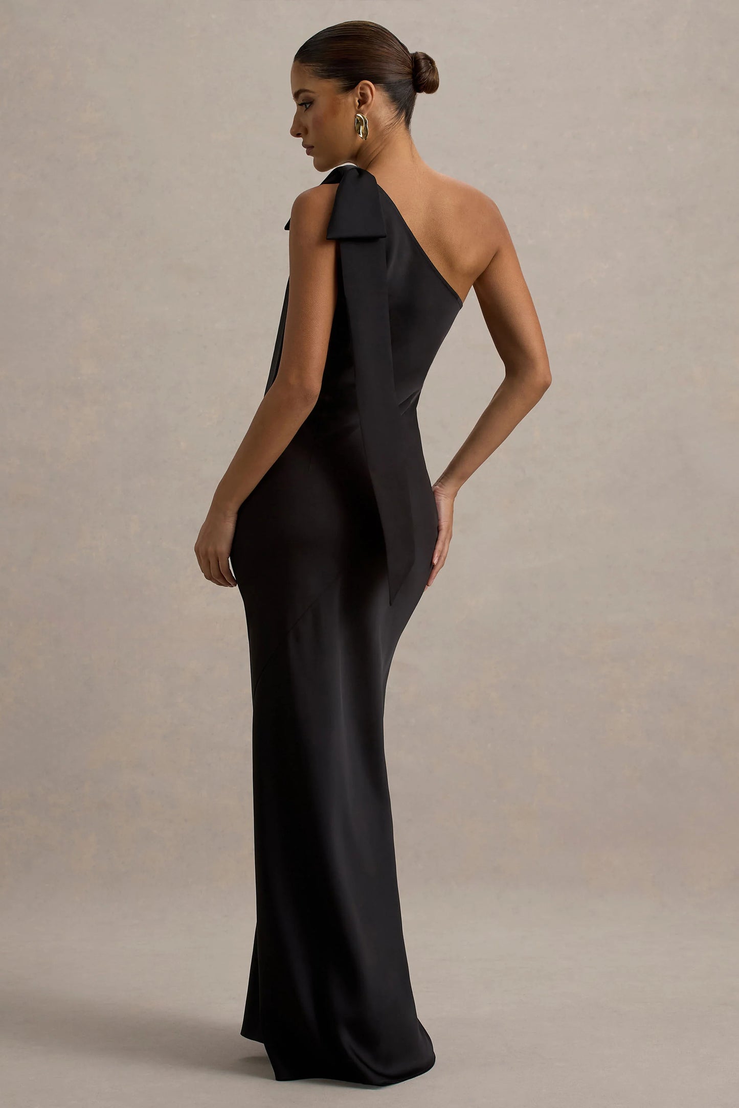 Here For Love | Black Satin Asymmetric Maxi Dress With Bow