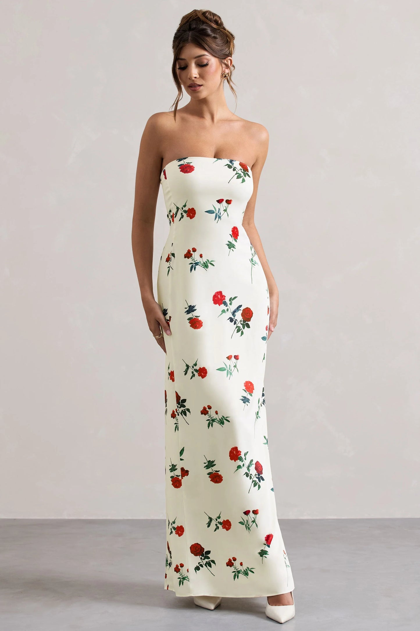 Azra | Rose Print Satin Bandeau Maxi Dress