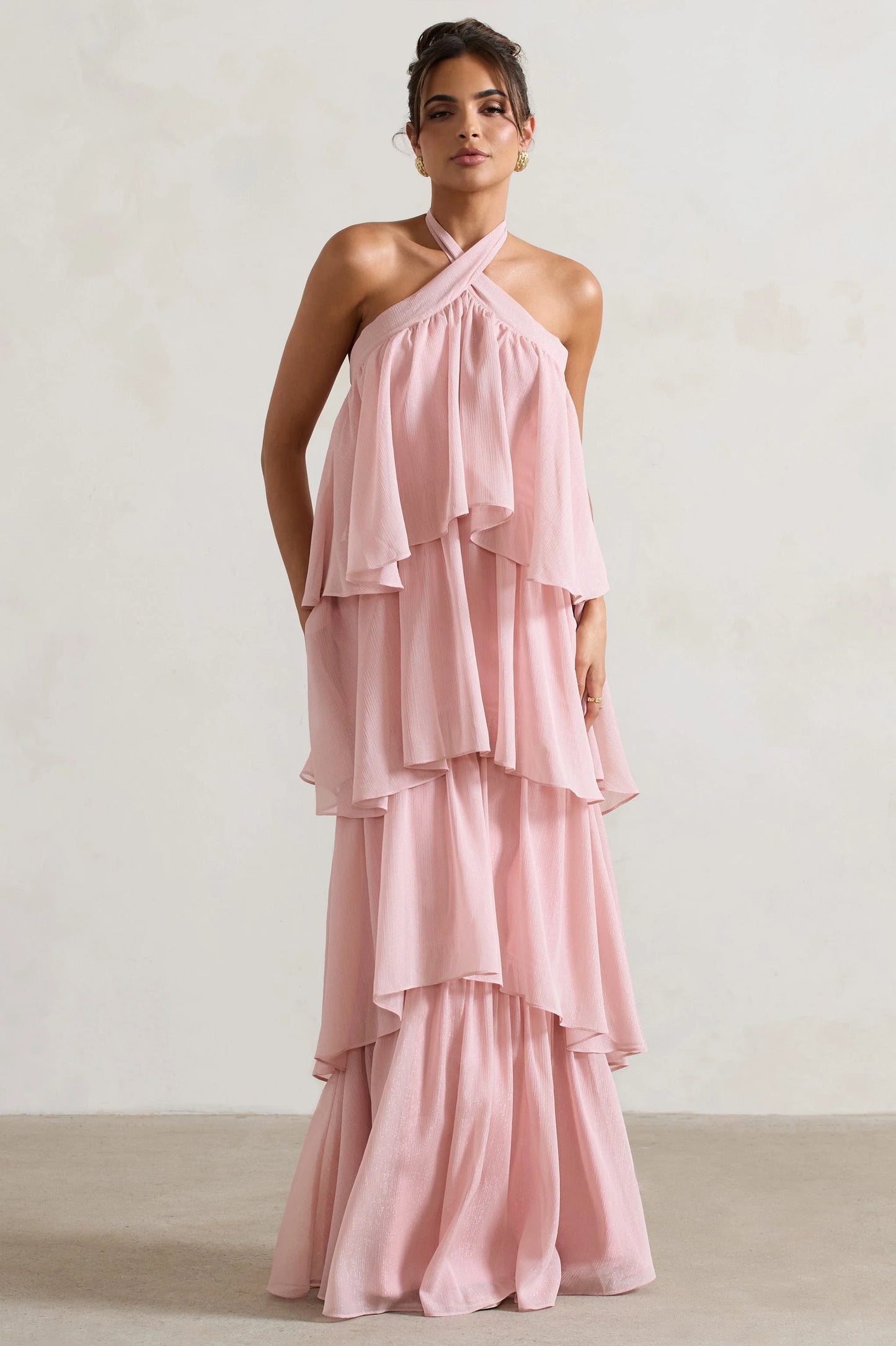 Kassiah | Light Pink Halter-Neck Ruffle Maxi Dress