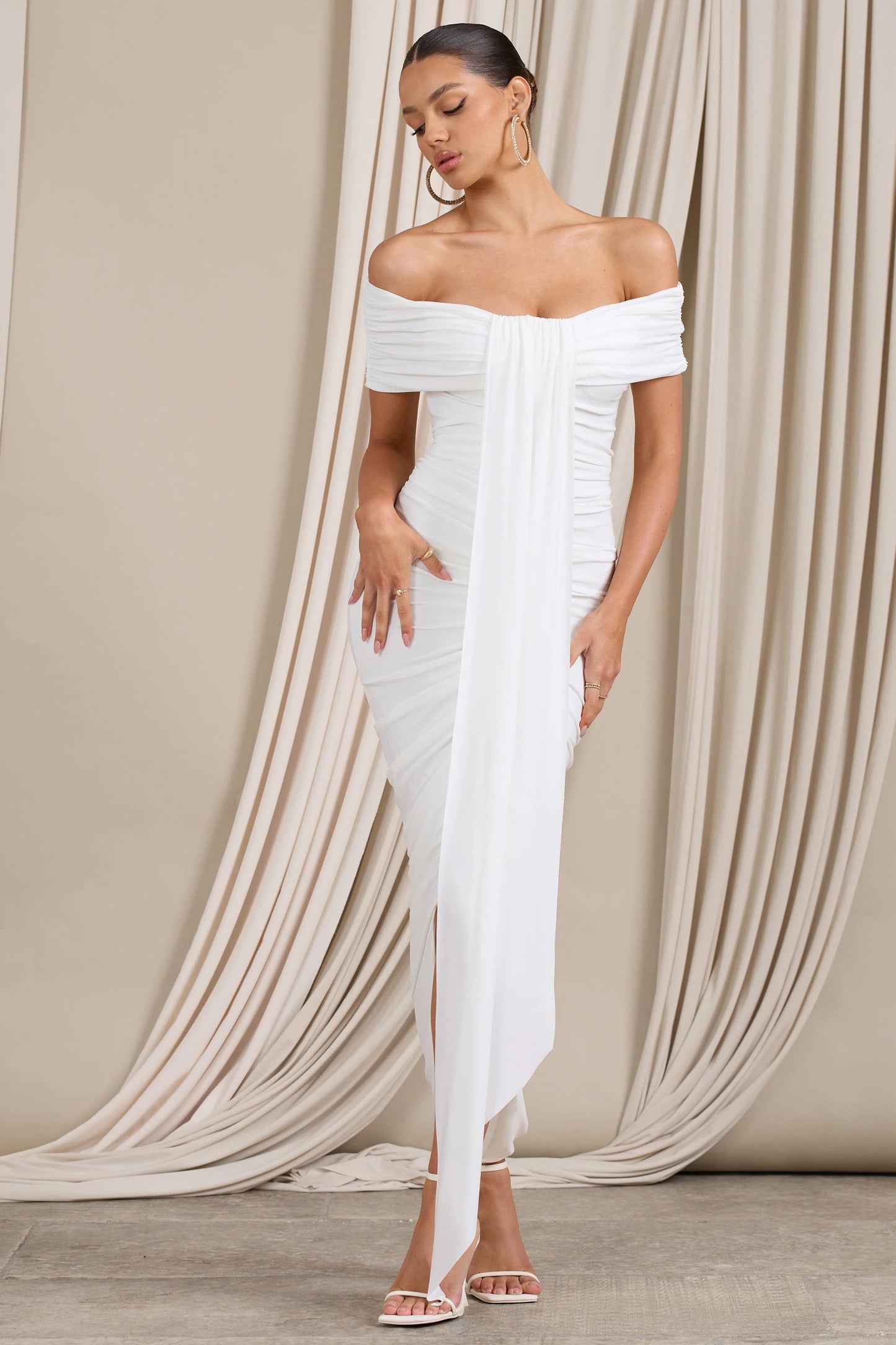 Camrin | White Ruched Bardot Maxi Dress With Train Detail