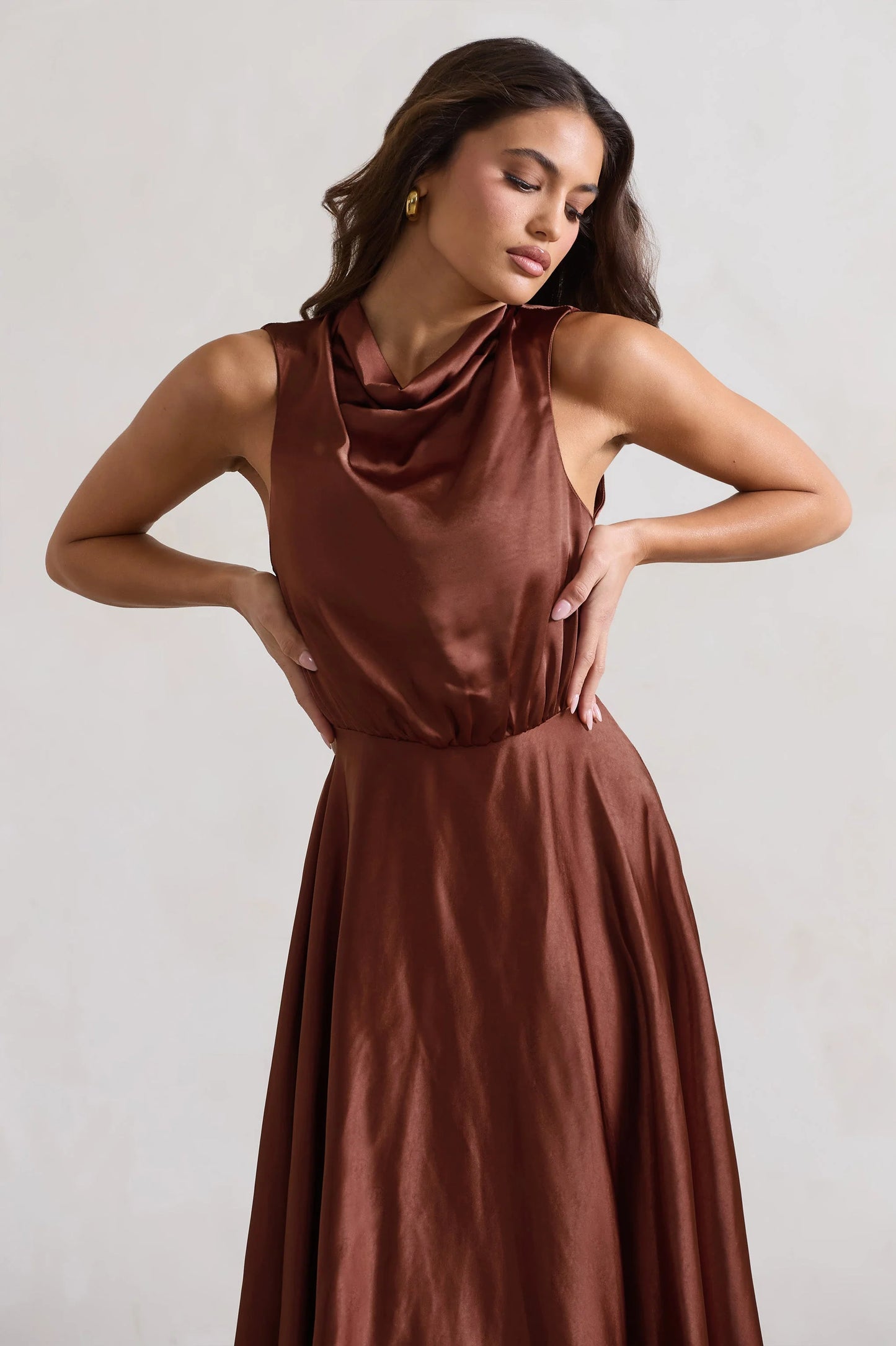 Kerri | Chocolate Brown Satin Cowl-Neck Maxi Dress