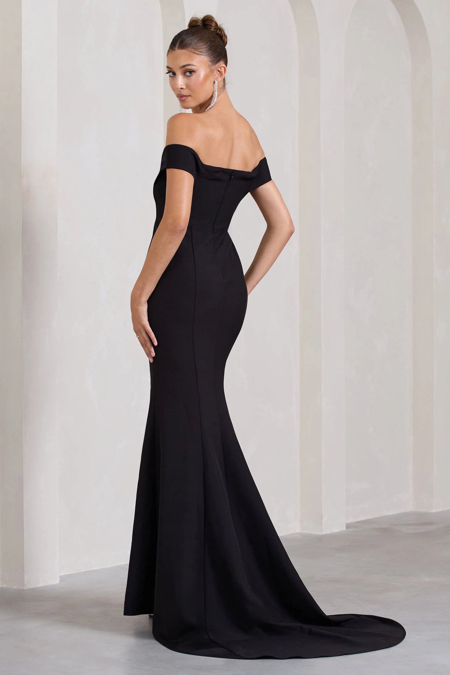 Karma | Black Bardot Split Fishtail Maxi Dress