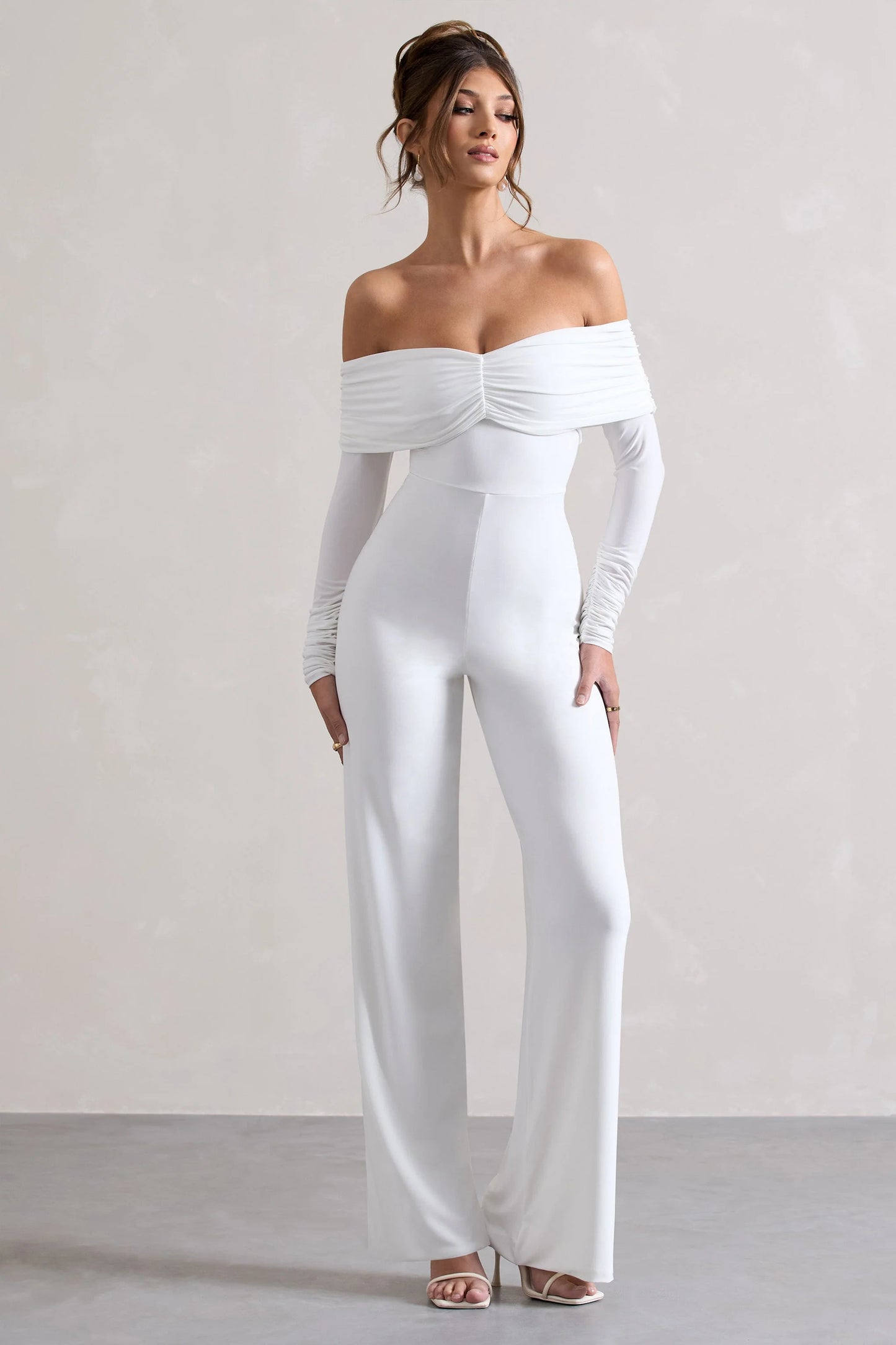 Jules | White Bardot Long-Sleeve Straight-Leg Jumpsuit