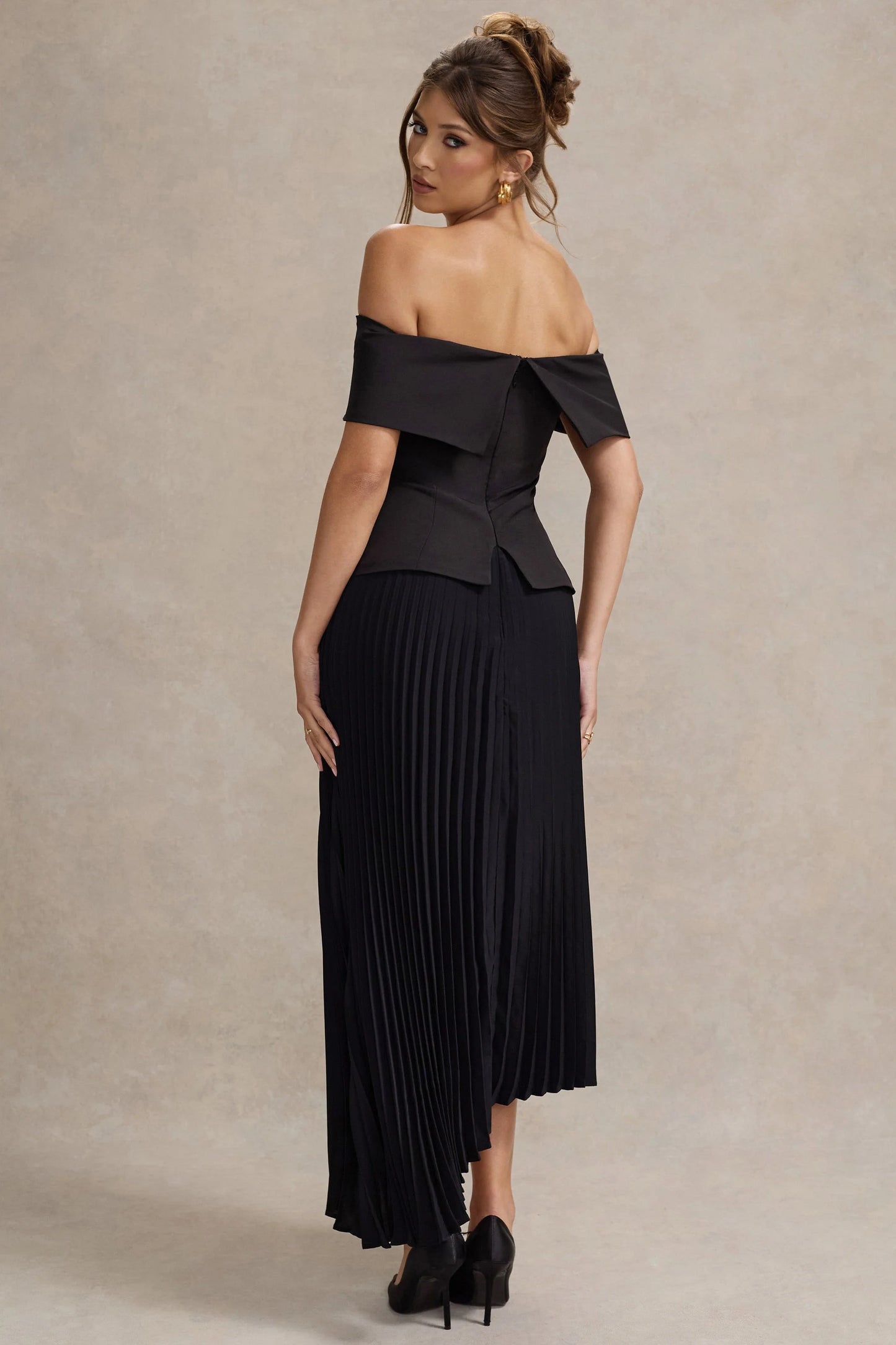 Hattie | Black Bardot Tailored Midi Dress With Plisse Skirt