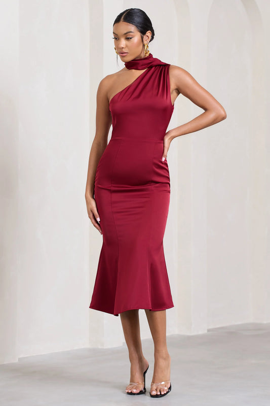 Golden Girl | Burgundy Satin One Shoulder High-Neck Flared Midi Dress