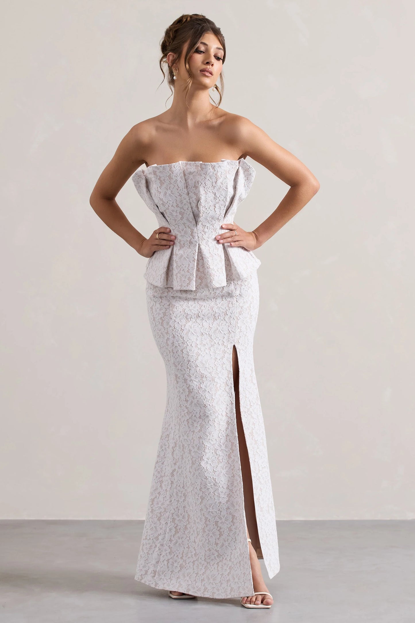 Kaleido | White Lace Strapless Ruffled Split Maxi Dress